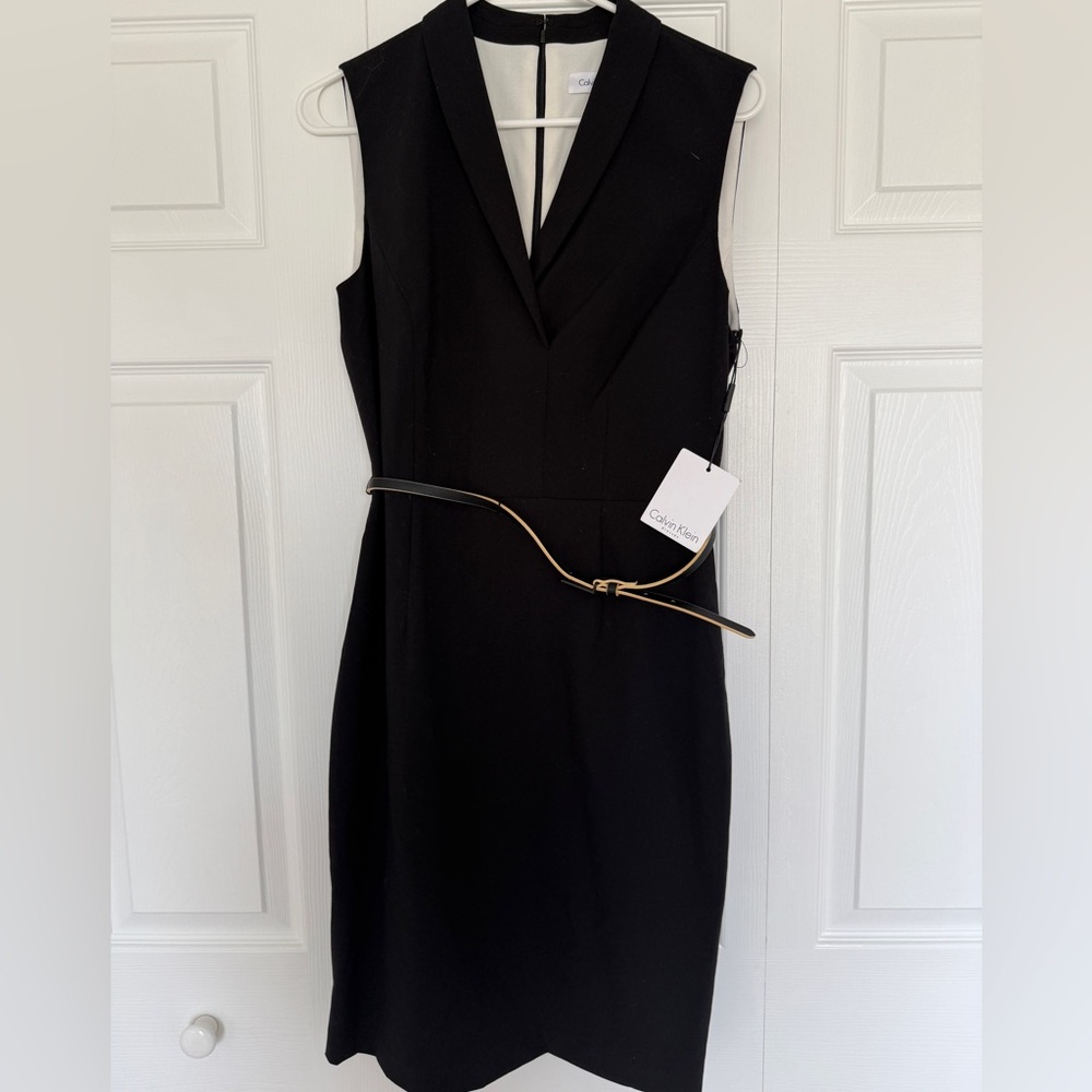 NWT Calvin Klein Black Sheath Dress Size 10 Belted V Neck Sleeveless Career